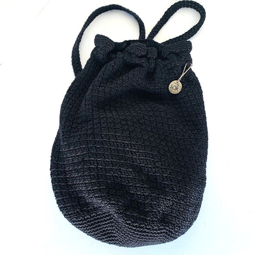 THE SAK Handmade Crochet Bucket Bag Blk Backpack Drawstring Tote Purse